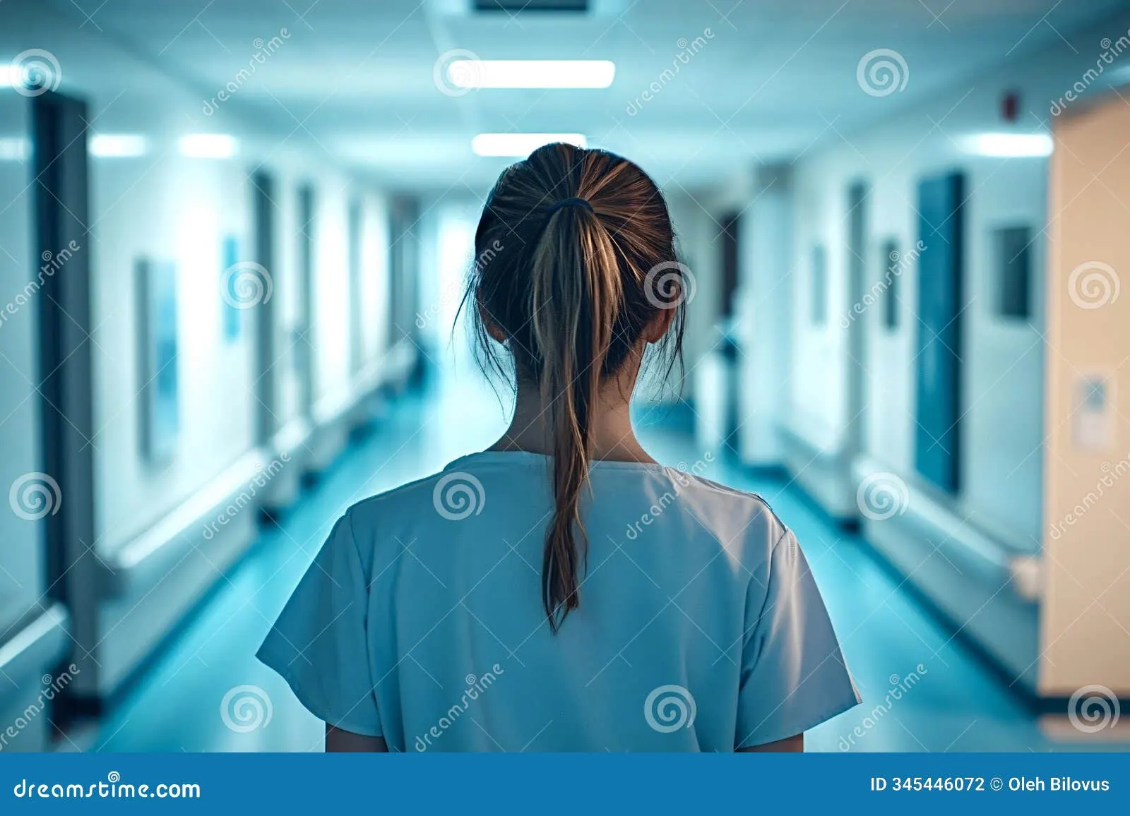 Nurse walking through a hospital corridor.