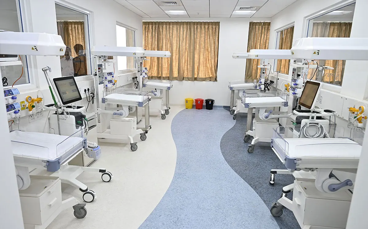 Hospital interior with modern medical equipment.